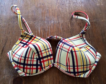 Beige Yellow Navy and Red Vintage Beige Plaid Bra Style Bikini Top