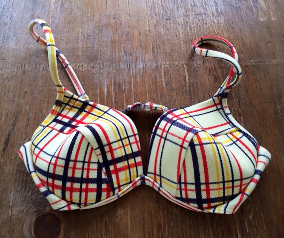 Beige Yellow Navy and Red Vintage Beige Plaid Bra… - image 1