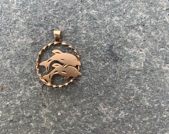 Twin Jumping Dolphin Duo 14K Gold Filled PPE Vintage Pendant