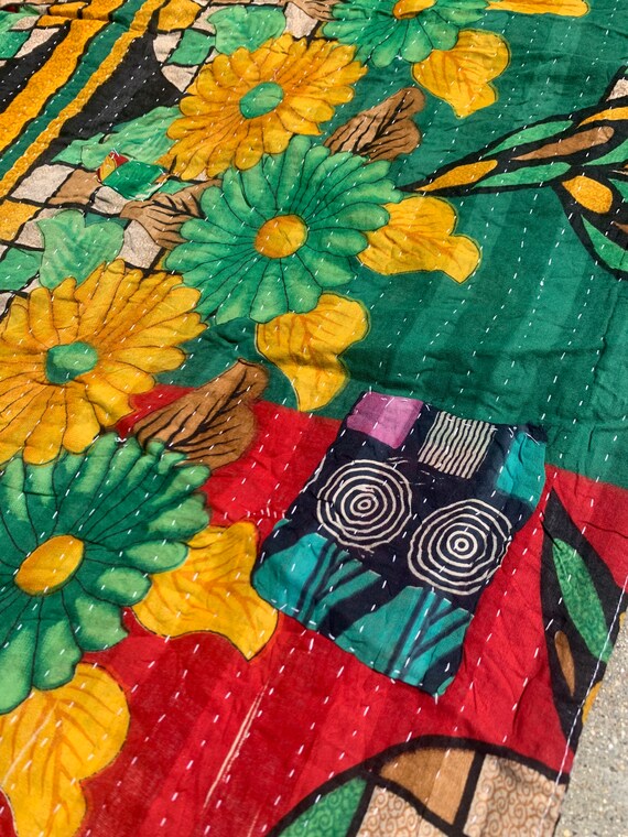 Indian Batik Yellow and Green Flower Red Tone Mad… - image 4