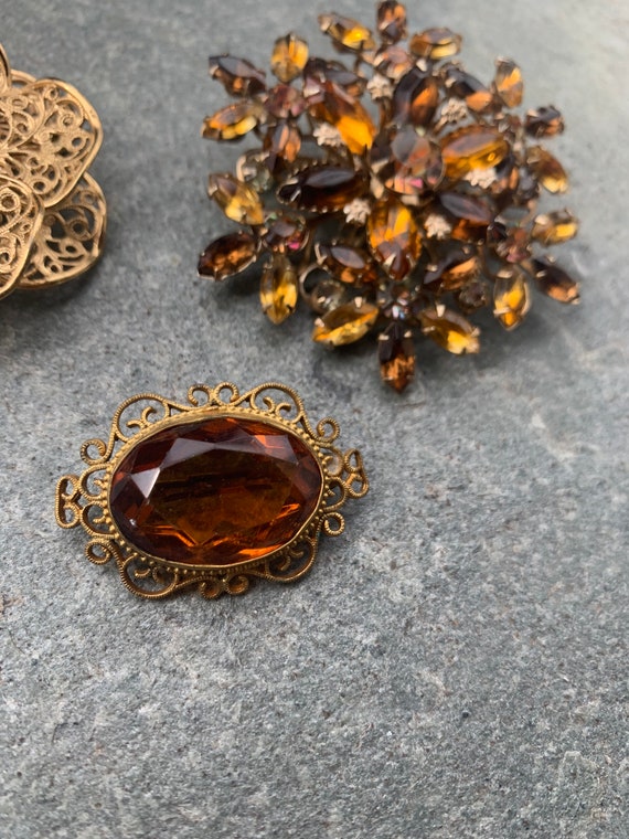 Amber Tone Crystal Rhinestone Cluster Gold Plated… - image 5