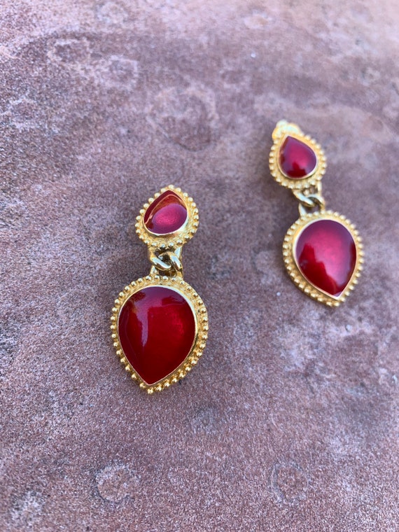 Gold Plated Vintage Trifari Red Spade Drop Earring