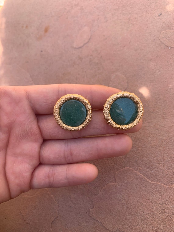 Textured Gold Plated Green Stone Vintage Cufflinks - image 2