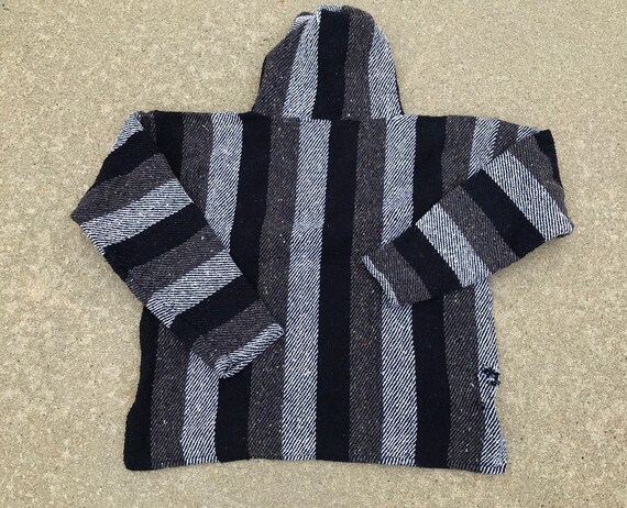 Black and Gray Striped Vintage Mexican Poncho - image 8