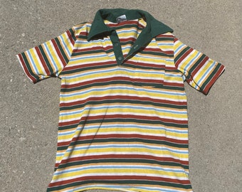 Styled in California by JC Penney 1970s Green Collared Striped Vintage Polo TShirt Tee