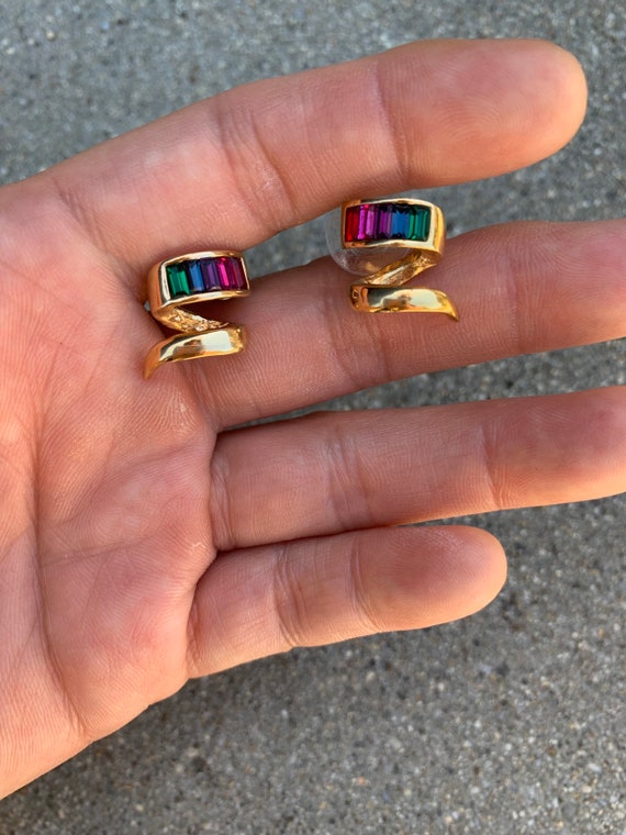 Gold Plated Rainbow Jewel Squiggle Earrings Costum