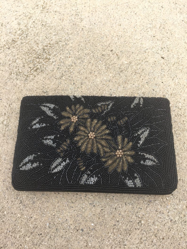 Black Beaded Flower Formal Clutch Purse image 2