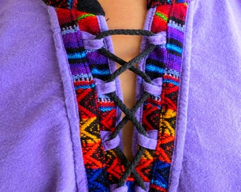 Purple Aztec Cotton Lace Up Vintage Mexican Style Tunic