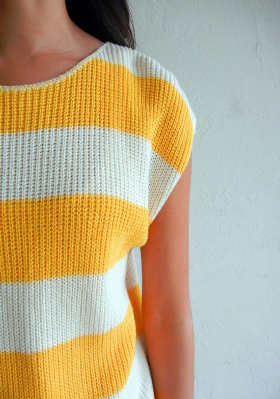 Yellow & Beige Striped Knit Vintage Cap Sleeved T… - image 3