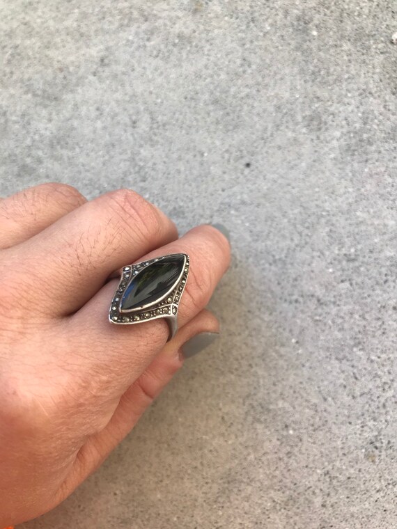 Vintage Sterling Silver Black Onyx Ring With Marcasite Accents Etsy