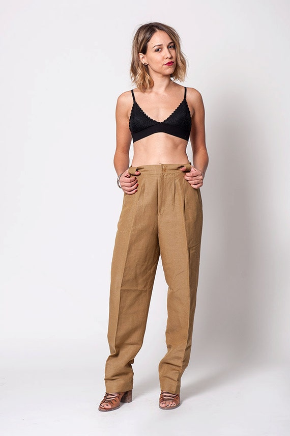 Linen Tan Vintage High Waisted Trouser Pants