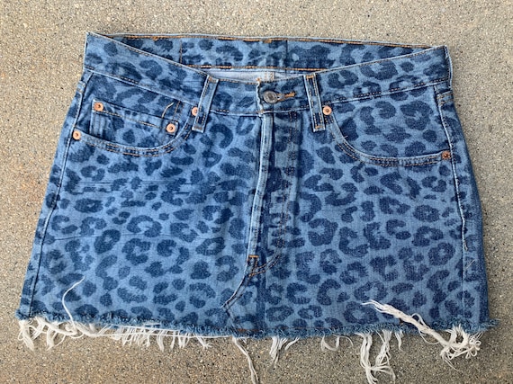 Leopard Print Lasered Vintage Denim Jean Skirt Si… - image 1