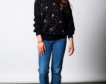 The Vintage Gold Flower Sequin Black Sweater