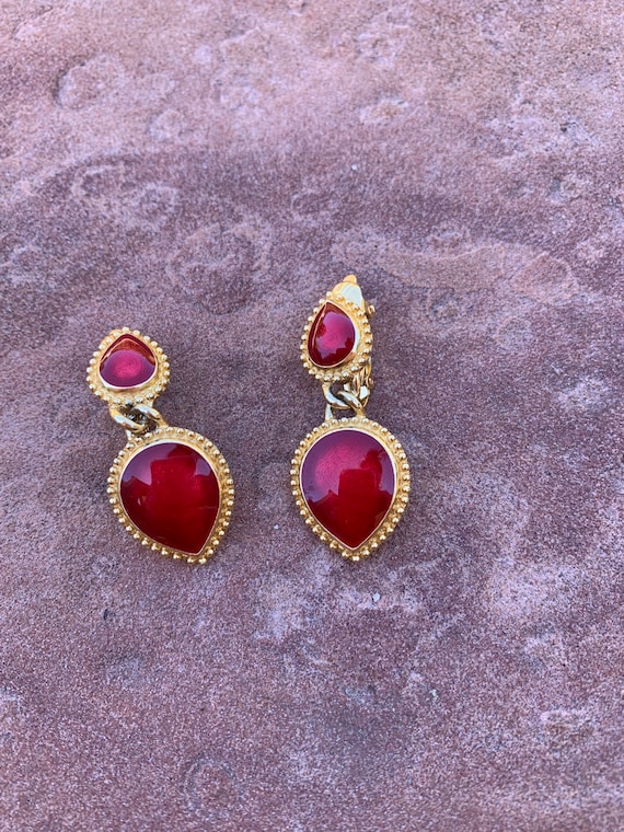Gold Plated Vintage Trifari Red Spade Drop Earrin… - image 2