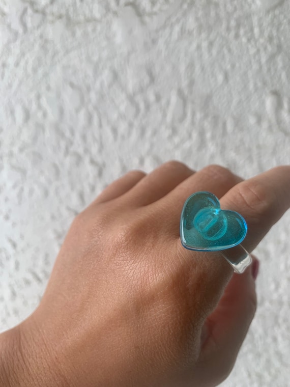 Blue Clear Glass Heart Vintage Ring Size 9