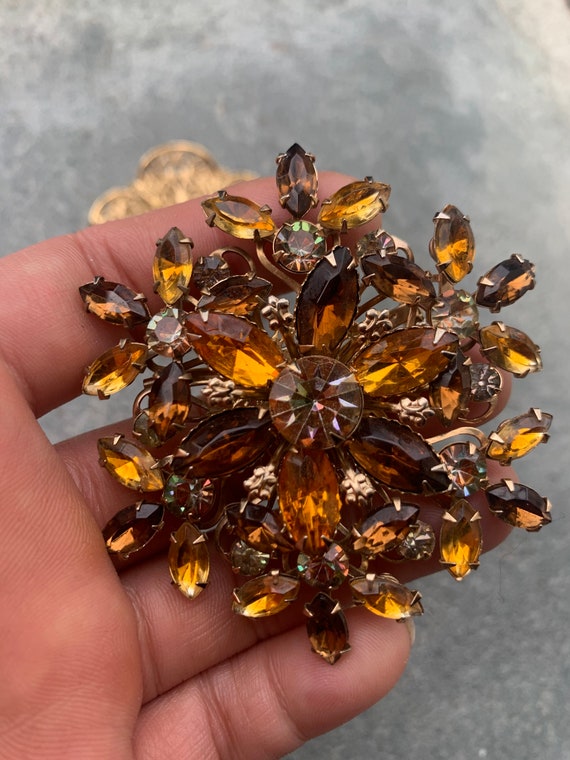 Amber Tone Crystal Rhinestone Cluster Gold Plated… - image 2