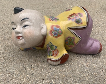 Crawling Chinese Baby Boy Vintage Porcelain Statue Asian Oriental Figure Bookend Door Stopper