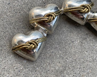 Mexican Silver 925 Four Hearts with Brass Ribbon Vintage Large Brooch Pin