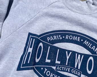 Hollywood Paris Rome Tokyo Milan London Heather Gray Cotton Poly 50/50 Made in USA Vintage Crewneck Sweatshirt