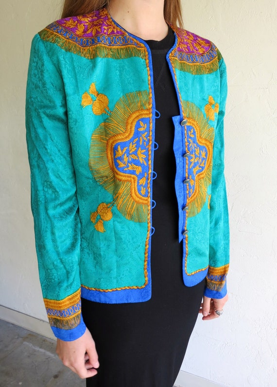 Green Retro Asian-Inspired Silk Vintage Blazer Ja… - image 4