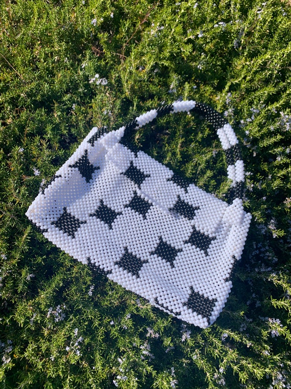 Mod Black and White Plastic Beaded Made in UK Vintage Shoulder Bag