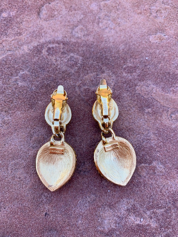 Gold Plated Vintage Trifari Red Spade Drop Earrin… - image 4