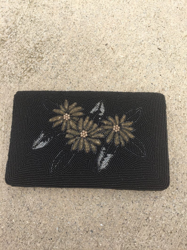 Black Beaded Flower Formal Clutch Purse image 3