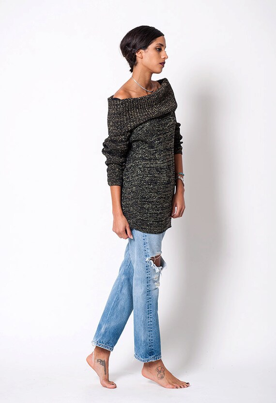 Metallic Black Holiday Off The Shoulder Knit Vint… - image 3