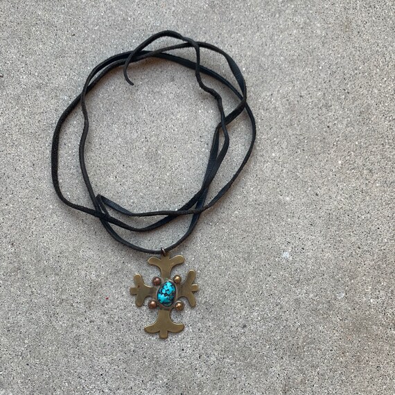 Brass Cross With Turquoise on Suede String Vintag… - image 3