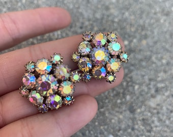 WEISS Aurora Borealis Crystal Cluster Clip On Vintage Earrings