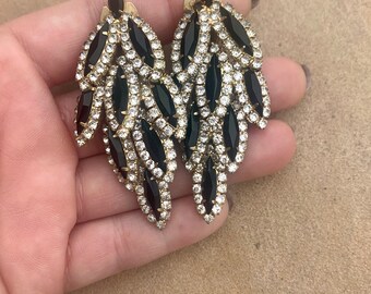 Black Stone Rhinestone Trimmed Feather Crystal Dangle Drop Large Gold Clip On Earrings