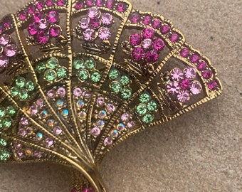 Crystal Rhinestone Vintage Asian Flower Fan Large Brooch Pin