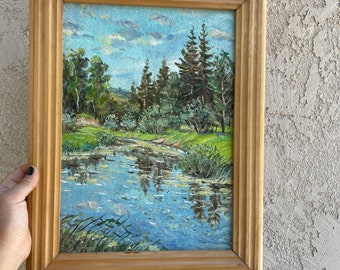 Pine Tree Lake Outdoor Wilderness Vintage 1970s Original Oil Painting Framed Art