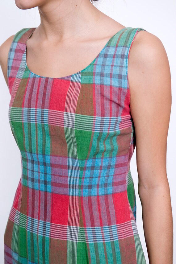 Pink Green Blue Plaid Sleeveless Vintage Shift Dr… - image 2