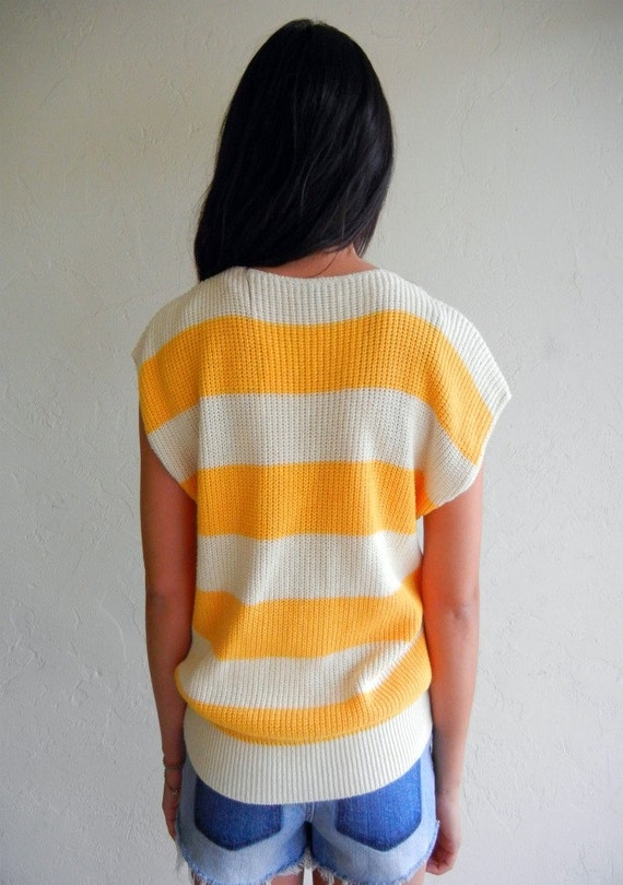 Yellow & Beige Striped Knit Vintage Cap Sleeved T… - image 5