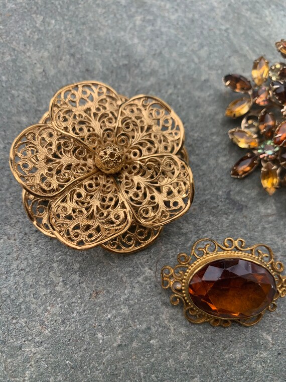 Amber Tone Crystal Rhinestone Cluster Gold Plated… - image 4