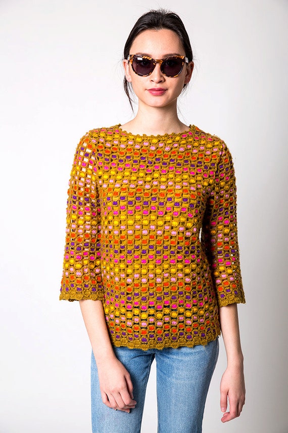 Gold Rainbow Polka Dot Waffle Knit Vintage Knit Sw