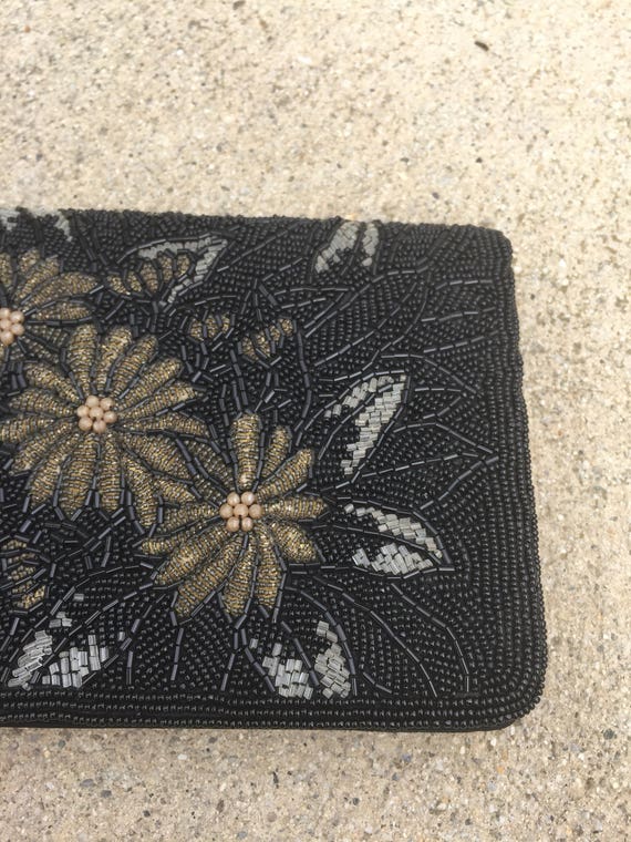 Black Beaded Flower Formal Clutch Purse