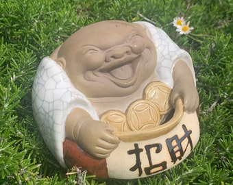 Chinese Laughing Buddha Holding Money Wealth Bowl Vintage Porcelain Figurine