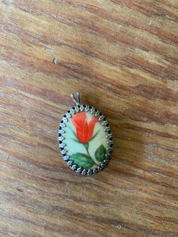 Orange Rose 1970s Vintage Enamel Pendant - image 1