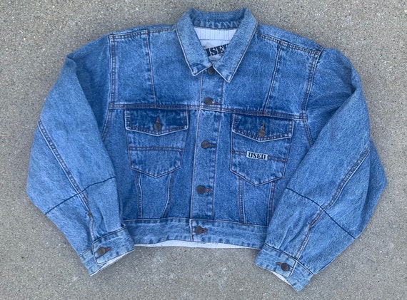 Used 1980s Patchwork Sleeve Cropped Vintage Denim