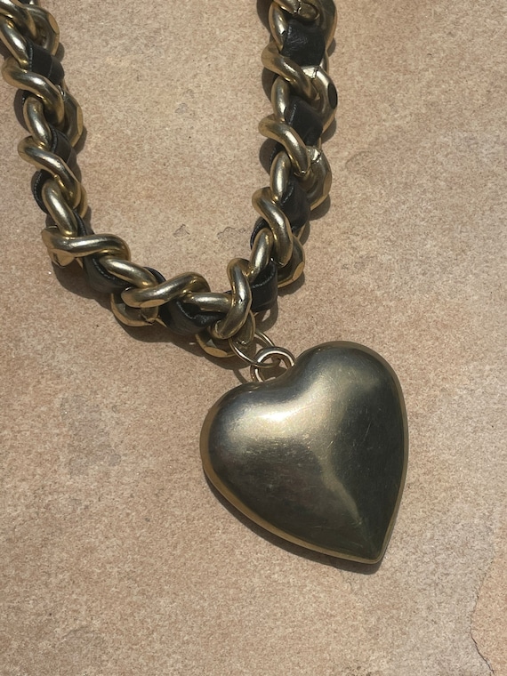 Gold Plated Heart Pendant Leather Chain 90s Vintag