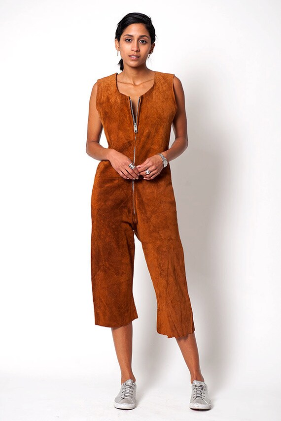 Suede Leather Western Style Vintage Culotte Jumpsu