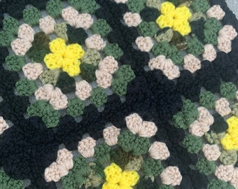 Granny Square Afghan Green Black Tan and Yellow Vintage Retro 1970s Crocheted Knit Throw Blanket