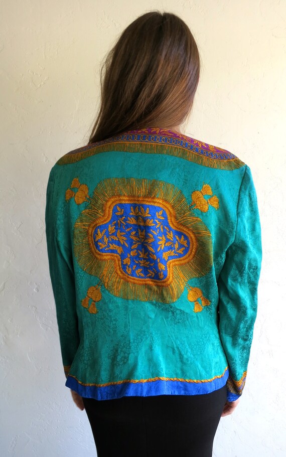 Green Retro Asian-Inspired Silk Vintage Blazer Ja… - image 5