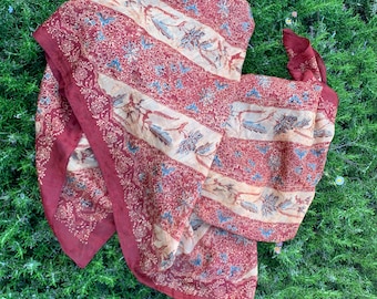 Burnt Orange Red Floral Indian Vintage Large Boho Silk Scarf