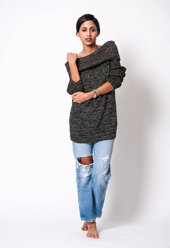 Metallic Black Holiday Off The Shoulder Knit Vint… - image 2