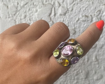 Sterling Silver Multi Stone Collage Vintage Large Ring Size 7