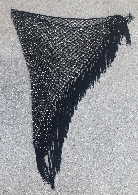 Black Mesh Gold Beaded Vintage Gypsy Scarf Cover … - image 1