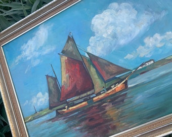 Two People On a Sailboat On The Water Vintage 1952 Antique Oil Painting